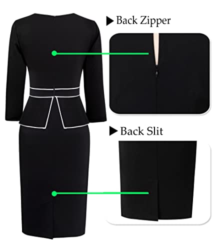 Image of VFSHOW Womens Pleated Crew Neck Peplum Slim Work Business Dress Elegant 3 /4 Sleeves Office Church Bodycon Pencil Sheath Dress