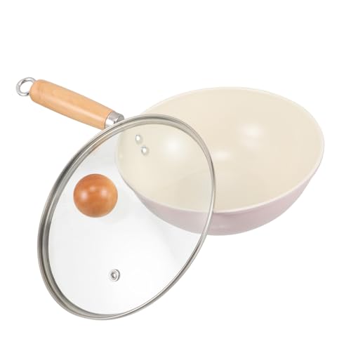 Cabilock Sartén de Hierro Antiadherente con Tapa de Vidrio Templado Wok Pequeño con Mango de Madera Compatible con Inducción y Gas para Uso Doméstico Distribución Uniforme del Calor y