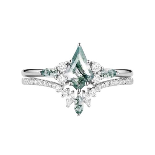 Moss Agate Ring for Women Customized 925 Sterling Silver/10K/14K/18K Gold Vintage Moss Agate Moissanite Engagement Wedding Set Ring Jewelry Gifts