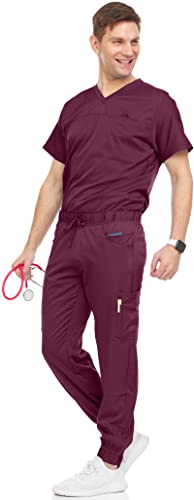 MediChic Men's Scrubs Set – Stretch V-Neck Workwear, 7-Pocket Jogger Pants, Flex Medical Uniforms, Wine Small