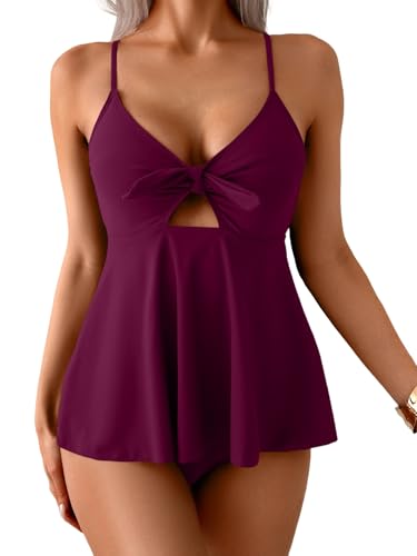 Image of Eomenie Two Piece Tankini Swimsuits for Women Tummy Control Cutout Bathing Suit Tie Knot Flowy Swim Dress with Bottom