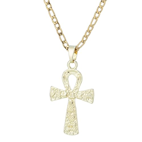 SAELACY Textured Ankh Cross Pendant Necklace for Women Men 14K White Gold Plated Ankh Cross Pendant with 3mm Figaro Chain Necklace (gold-large chain length: 18+2)