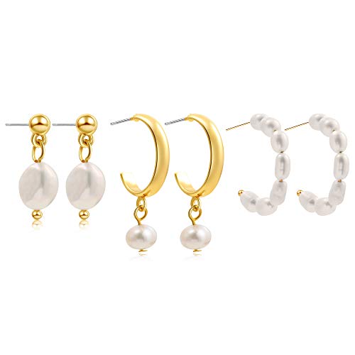 Sloong 3 Pairs Pearl Hoop Huggie Earrings 14k Gold Plated Small Hoop Earrings Set Hypoallergenic Dangle Earrings for Woman Wedding Jewelry, Freshwater Pearls