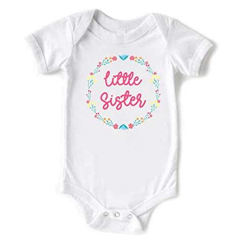 Little Spunkies Little Sister Announcement Floral Wreath (Bold Flowers) Baby Girl Short Sleeve Bodysuit White Cover