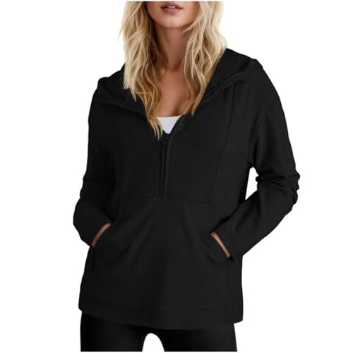 Womens Half Zip Hoodies Long Sleeve Pullover Casual Fall Sweatshirts with Pocket Comfy Solid Color Fashion Outfits S-2XL