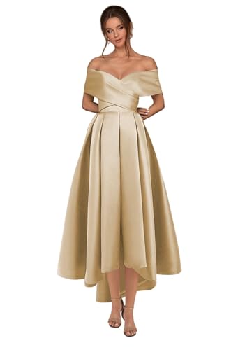 Off The Shoulder Satin Prom Dresses Tea Length Short Satin Formal Evening Gown with Pockets4