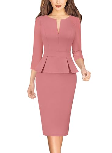Image of VFSHOW Womens Wear to Work Front Zipper V Neck Peplum Business Office Church Flattering Pencil Sheath Dress