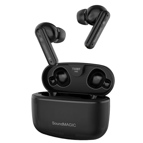 Image of SoundMAGIC T80BT True Wireless Earbuds, Hybrid ANC, HiFi, HD Calls, Black | Comfortable noise reduction, Rich layered stereo, Pressure-free wear, 25hr battery, IPX5 Sweatproof, Seamless dual pairing