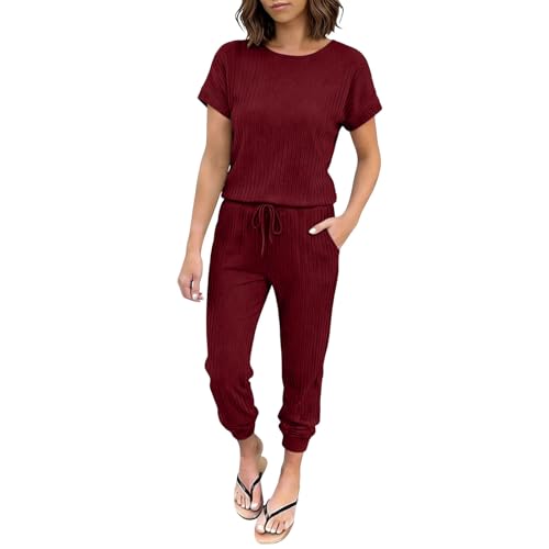 Combinaison d'été en tricot côtelé à manches courtes pour femme