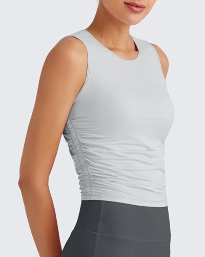 Image of G4Free Skimetic Workout Tank Tops for Women Side Ruched Sleeveless High Neck Crop Top Summer Athletic Gym Shirts