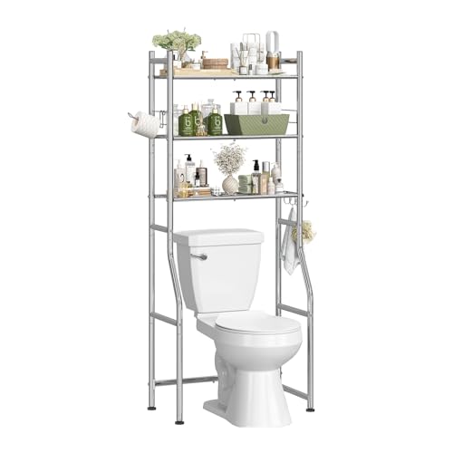 Image of Simple Trending 3 Tier Over The Toilet Rack, Bathroom Shelves with 4 Hooks and Paper Holder, Bathroom Stand Organizer Space Saver, Chrome