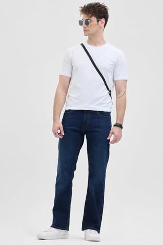 Image of SNITCH Navy Cotton Lycra Solid Bootcut Jeans