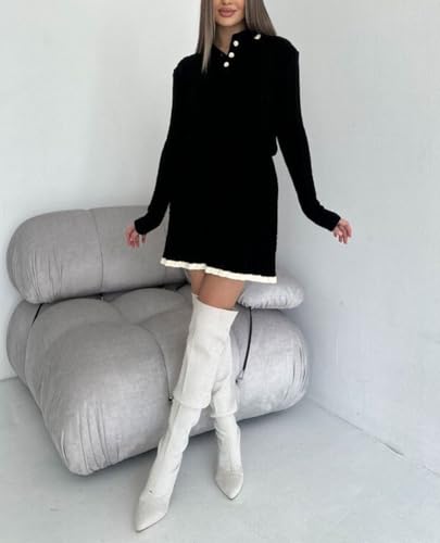 Image of chouyatou Women's Cable Knit 2 Piece Outfits Long Sleeve Polo Sweater and Elastic Waist Pleated Mini Skirt Sets