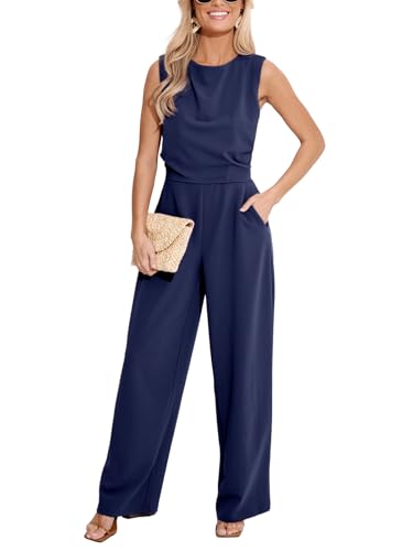 CUPSHE Damen Jumpsuit Rundhals Ärmellos Overall Plissee Weite Beine Playsuit mit Taschen Elegant Hosenanzug