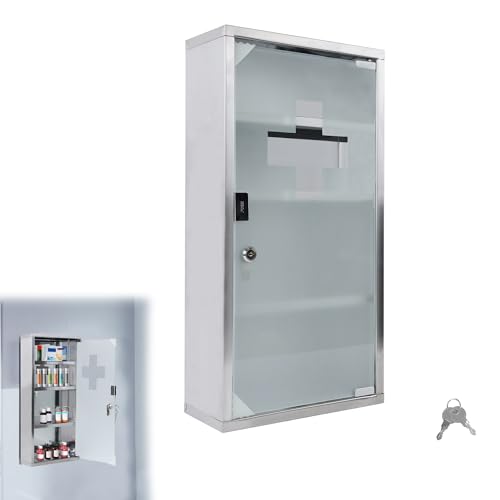 Suusolny Medizinschrank Apothekerschrank mit Glas Tür und 2 Schlüssel abschließbar Medikamentenschrank aus Edelstahl Hängend Arzneischrank - 4 Fächer 57,5 x 30 x 12 cm