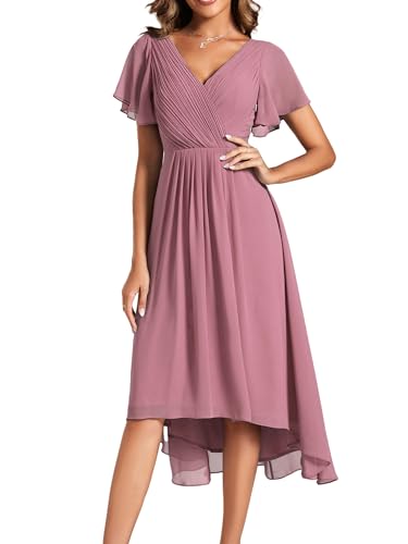 Ever-Pretty Abendkleider Damen Elegant für Hochzeit Knielang A-Line Cocktailkleid High Low Festliche Kleider Orchidee 38