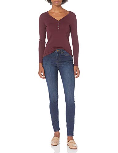 Amazon Essentials Women's Ribbed Knit Long Sleeve Henley Slim Fit T-Shirt, Burgundy, Small