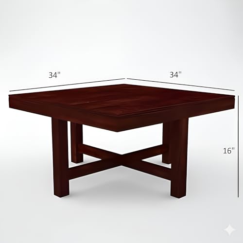 Image of Loonart Solid Sheesham Wood Coffee Table With Four Cushioned Stools | Idel For Living Room | Cafe | Restaurant | Space Saving Indoor Table Set | Finish Color - Mahogany Finish | White & Blue Cushion |