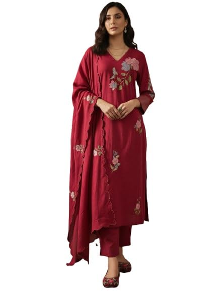 Women’s Chanderi Silk Kurta Set with Dupatta | Floral Embroidery | Straight Fit Ethnic Wear-image-42