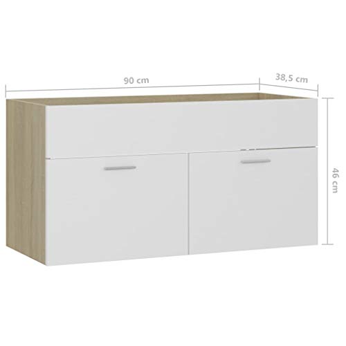 Armario de lavabo de 90 cm y muebles de baño en madera de ingeniería blanco y roble 3