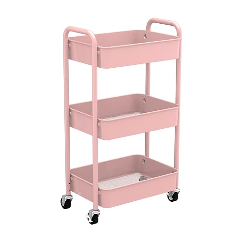 Image of CAXXA 3-Tier Rolling Metal Storage Organizer - Mobile Utility Cart with Caster Wheels, Pink