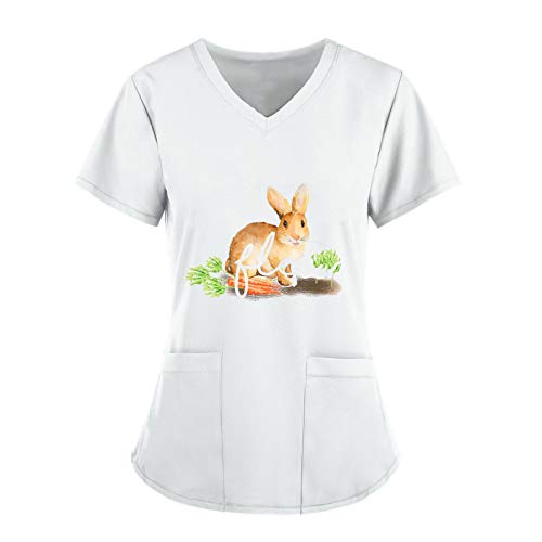 Easter T-Shirt for Women Short Sleeve Medical_Scrub_Tops V-Neck Tops Working Uniform Bunny Print Blouse with 2 Pockets