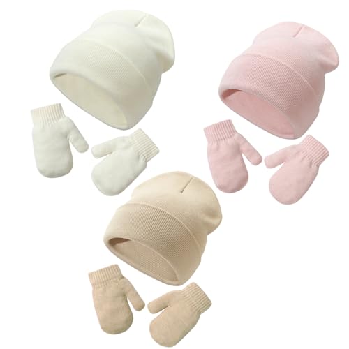 Image of Baby Beanie Hat Gloves Set, Kids Winter Warm Knit Hat with glvoes,Toddler Soft Beanie for Little Boys Little Girls Children