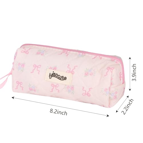 Image of Quilted Coquette Pencil Case - Floral & Bow Design with Soft Padded Fabric, Cute Small Makeup Bag for Women, Stylish Organizer for Pens, Brushes, and Accessories (Pink)