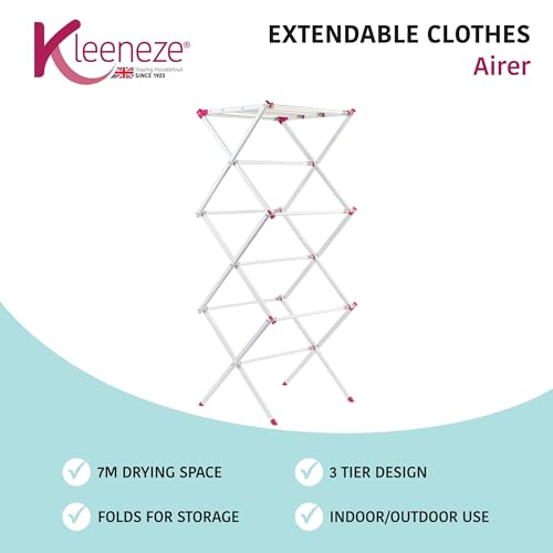 Kleeneze KL078834EU7 Extendable Clothes Airer - 3 Tier Folding Drying Rack, Standing Laundry Dryer with 7M Drying Space, Collapsible for Easy Storage, Tall Indoor/Outdoor Airer, Portable Clothes Horse - Image 2