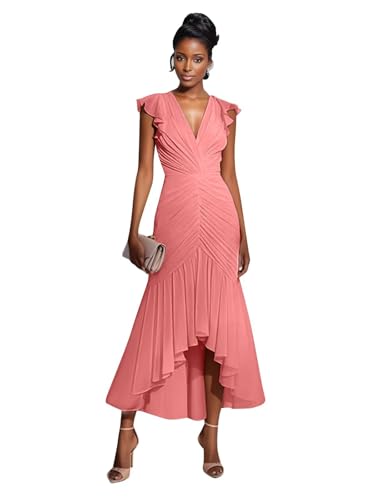 Women Chiffon Elegant Party Prom Dress Sexy Wedding Guest Dresses V-Neck Cocktail Dress with High-Low Hem