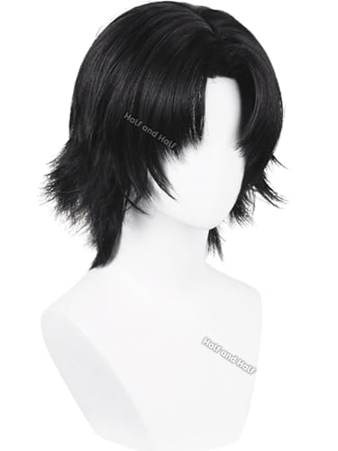 Image of Chrollo Cosplay Wig Short Emo Black Anime Male Wig with Center Part Bangs | Black Layered Costume Wigs Synthetic Hair for Women Unisex Halloween Party