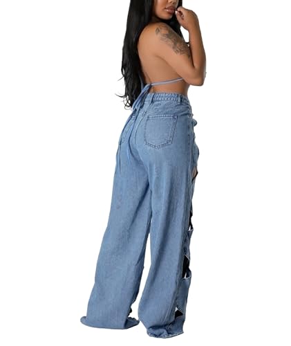 SOMTHRON Women's Criss Cross Baggy Jeans Y2K Trendy Hollow Out High Waisted Straight Wide Leg Denim Pants2