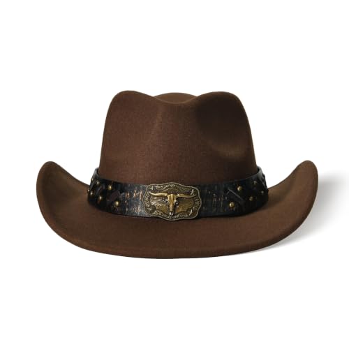 Image of Classic Western Cowboy Hat Cowgirl Hat Unisex Men's & Women's Wide Brim Felt Fedora Hat Flat Top with Buckle Belt