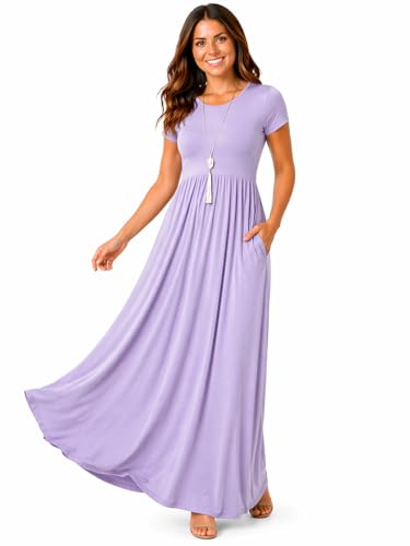 Image of AUOMITH Women's 2026 Summer Short Sleeve Empire High Waist Long Maxi Dress with Pockets