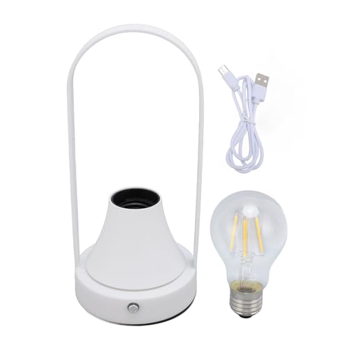 WIHFHGZ Lámpara de Mesa Recargable Sin Cable, Luz Nocturna Regulable, Luz Cálida 2700K, Base Metálica Blanca, Bombilla LED - Control Táctil, Batería Recargable, Ideal para Dormitorio y Sala