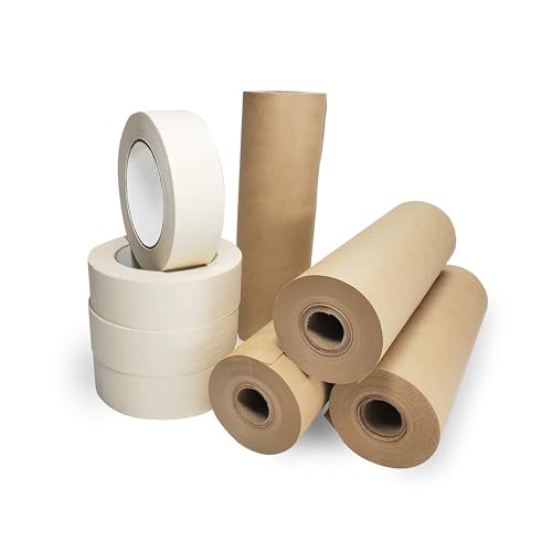 IDL Packaging Masking Paper and Tape Set - 9" x 60 Yards Brown Masking Paper (4 Rolls) and 1.41" x 60 Yards White Tape (4 Rolls) - Masking Kit for Painting Projects - Surface Protection
