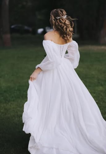 Ternlm Boho Wedding Dress Off Shoulder Chiffon Puffy Long Sleeves Formal Prom Evening Gowns with Pockets TN0033