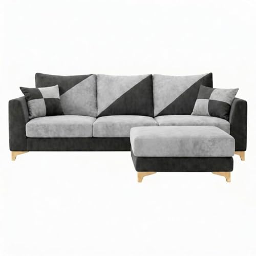 Image of Juliet 4 Seater L Shape Sofa Set with Movable Ottomans | Flexible Layout | Rich Velvet Suede Fabric | Silver Legs | Dual Tone Modern Sofa for Living Room (Light Grey-Dark Grey)