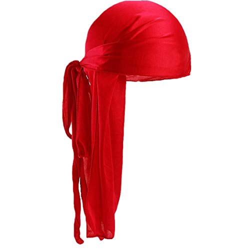 Unisexe Polyester Turban Cap Silky Durag Longue Queue Larges Bretelles Headwraps Lisse Dôme Pirate Cap Solide Couleur Motard Turban Pour Les Femmes Foulard Rouge Hommes Cover