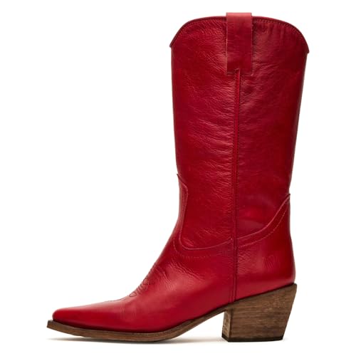 Cowboy Boots For Women Mid Calf Cowgirl Boots Embroidered Western Pointed Toe Chunky Heel Vintage