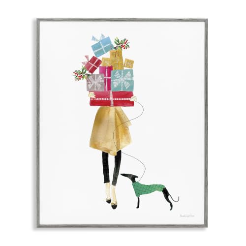 'Cheerful Woman Holding Various Holiday Gifts'| Framed Giclee Art