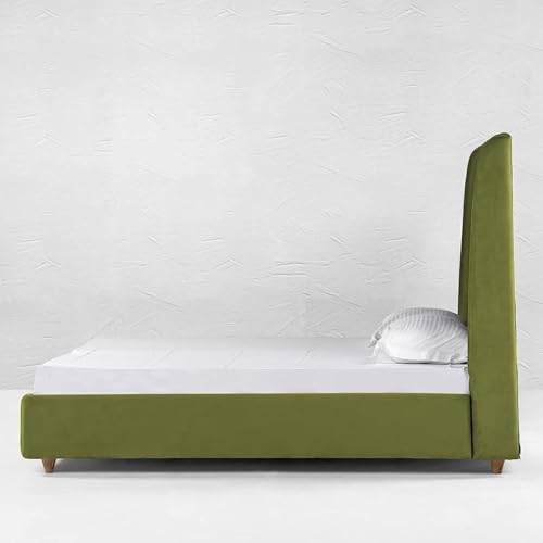 Image of Wooden Modern Upholstered Queen Size Bed for Bedroom | Wooden Double Bed Without Storage | Platform Cot Upholstered Bed with Upholstery Fabric | Engineered Wood | 6.5 x 5 Ft | Green