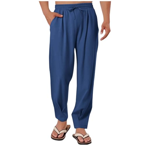 Men's Casual Linen Pants Elastic Waist Drawstring Beach Summer Pants Lightweight Linen Stylish Ankle Banded Trousers