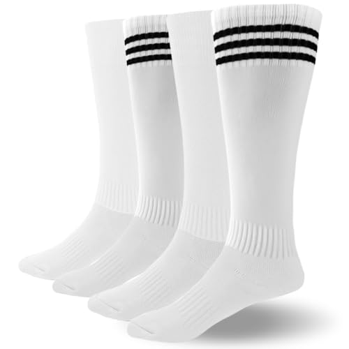 AOPRIE Baseball Socks Bulk Sport Striped Athletic Socks Youth Knee High Long Tube Softball Football Soccer Team Sock Unisex Kids Boys Girls White, 4 Pack