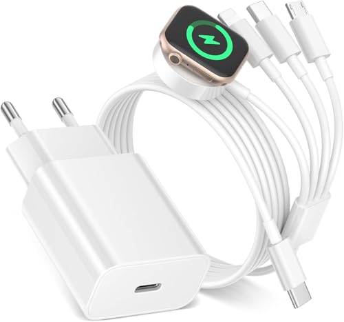 BLITEZZ Multi Ladekabel Ladestation 4 in 1 für Apple Watch und iPhone Ladekabel,20W USB C Ladegerät Mit Apple Lightning/USB C/iWatch/Micro Kabel für Apple Watch Se/9/8/7/5/iPhone 16/15/14/13/8/Android