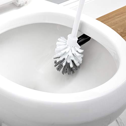Image of Bath Bliss Self Closing Lid Toilet Brush with Rim Scrubber | Dimensions: 5. 9 inch x 5. 3 inch x 15. 4 inch | Self Closing | 360 Degree Bristle | Bathroom Cleaning | Separate Rim Scrubber | White