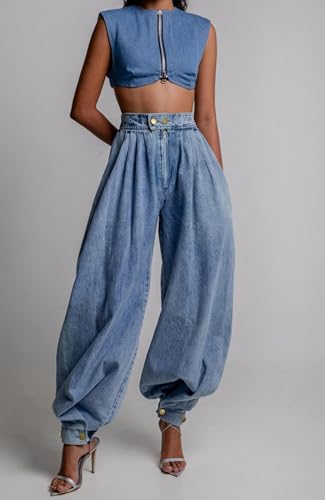 loveimgs Women Baggy Harem Jeans Joggers Denim Pants Wide Leg Jeans High Rise Sweatpants Tapered Leg Trousers2