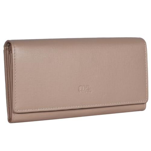 Mou Meraki Women's Top Grain Leather Wallet, RFID Blocking Bifold clutch, 17 Card Slots, Zip Pocket Organizer, Elegant Gift for Women — Birthday, Valentine, Anniversary - Saffiano Rose Pink