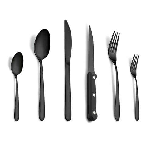 Schwarzes Besteck, Pleafind 72-teiliges Besteckset für 12 Personen, Lebensmittelqualität Edelstahlbesteck-Set, das Besteckset enthält Löffel,...