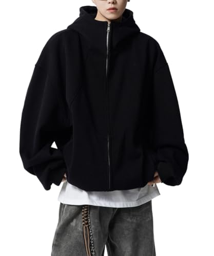 Mens Zip Up Hoodie Baggy Basic Full Zip Solid Color Hoodie Fleece Oversized Sweatshirt Jacket Trendy Sweatshirts